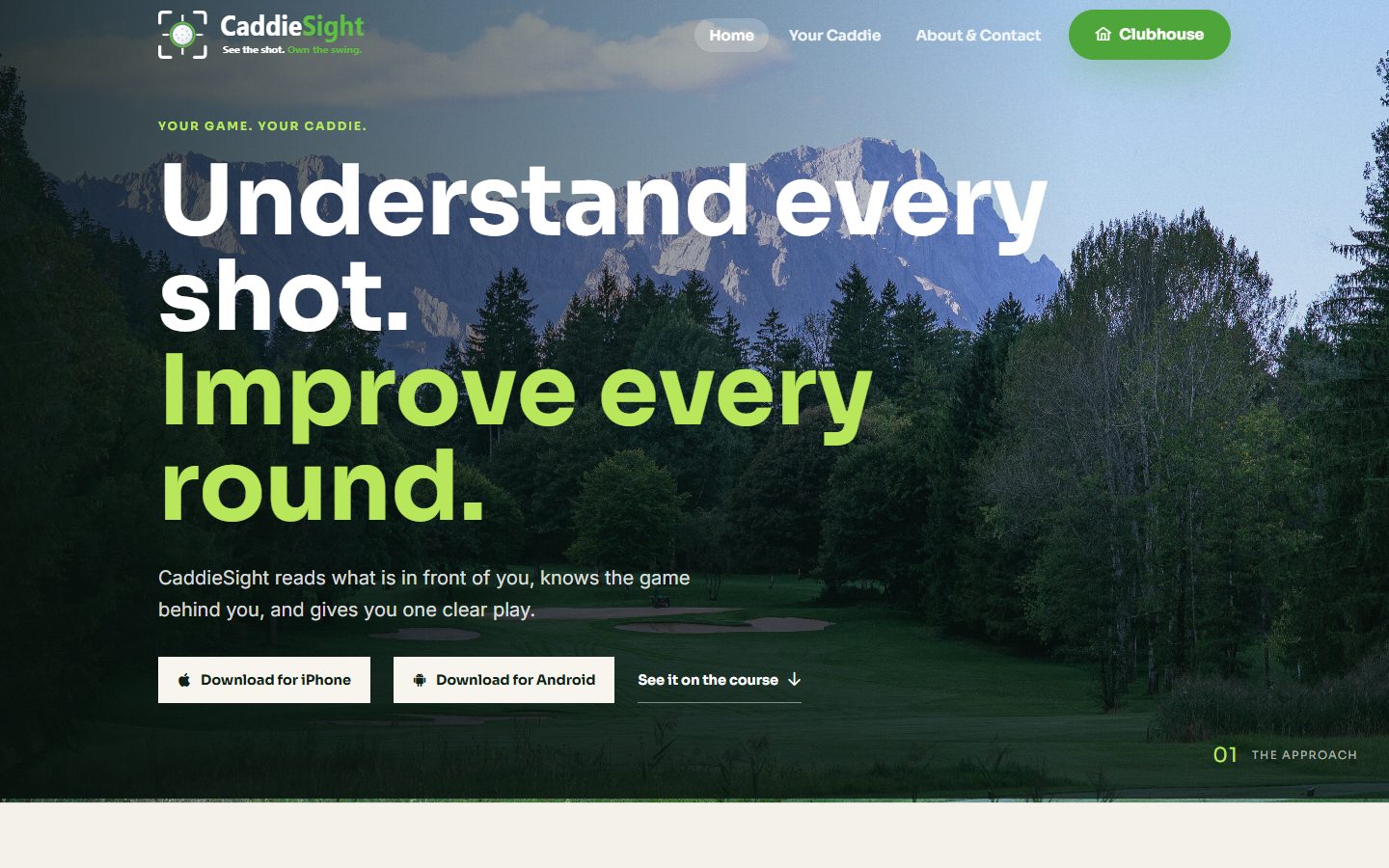 CaddieSight home page with the headline "Understand every shot. Improve every round."