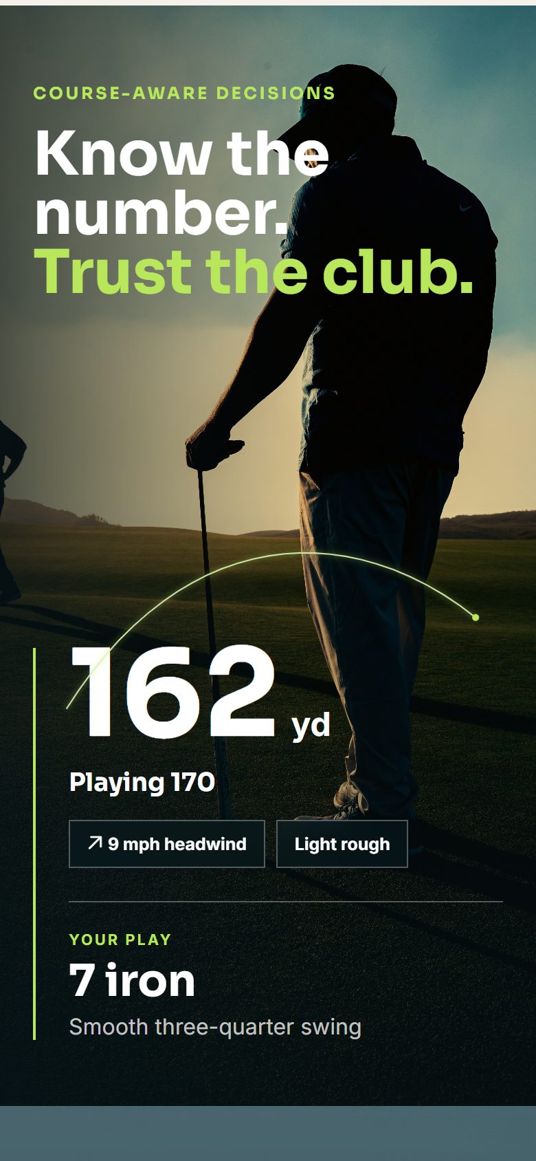 CaddieSight on a phone showing a 162 yard shot playing 170 into a 9 mph headwind with a 7 iron recommendation