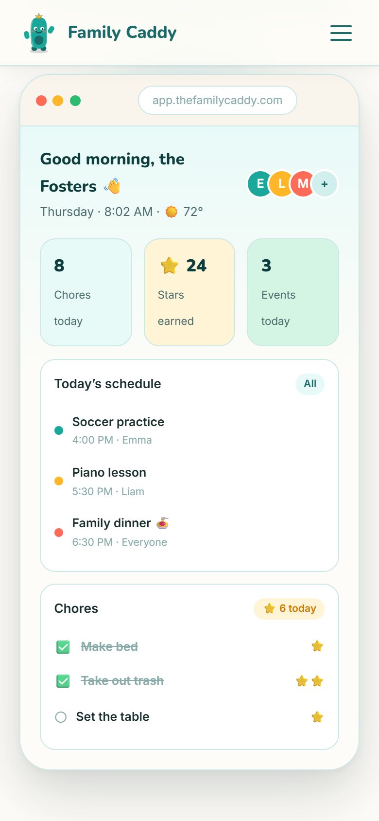 Family Caddy on a phone showing the family dashboard with chores, stars earned and the day’s schedule