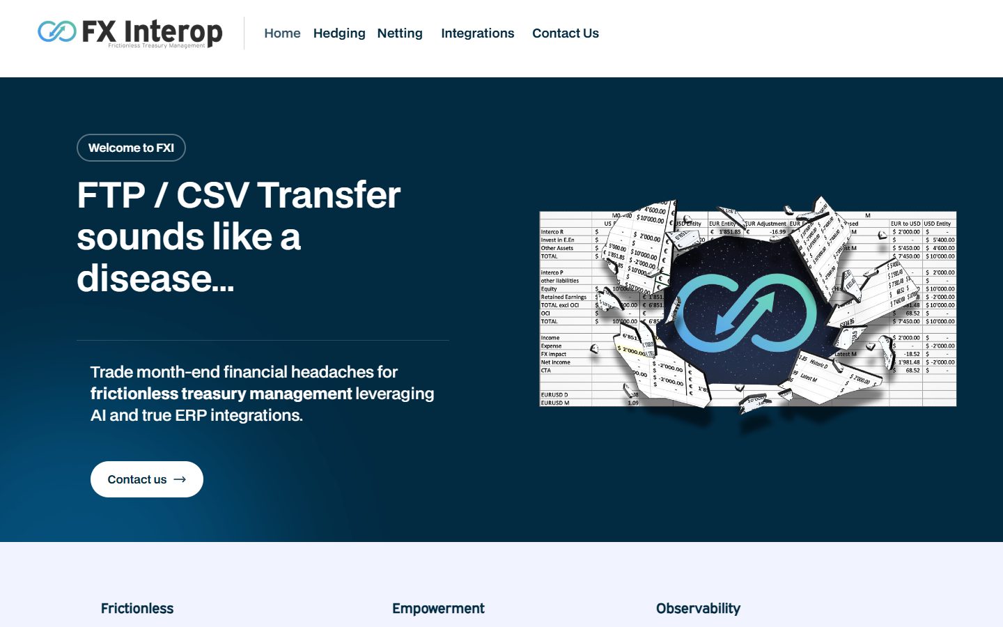 FX Interop home page with the headline "FTP / CSV Transfer sounds like a disease"