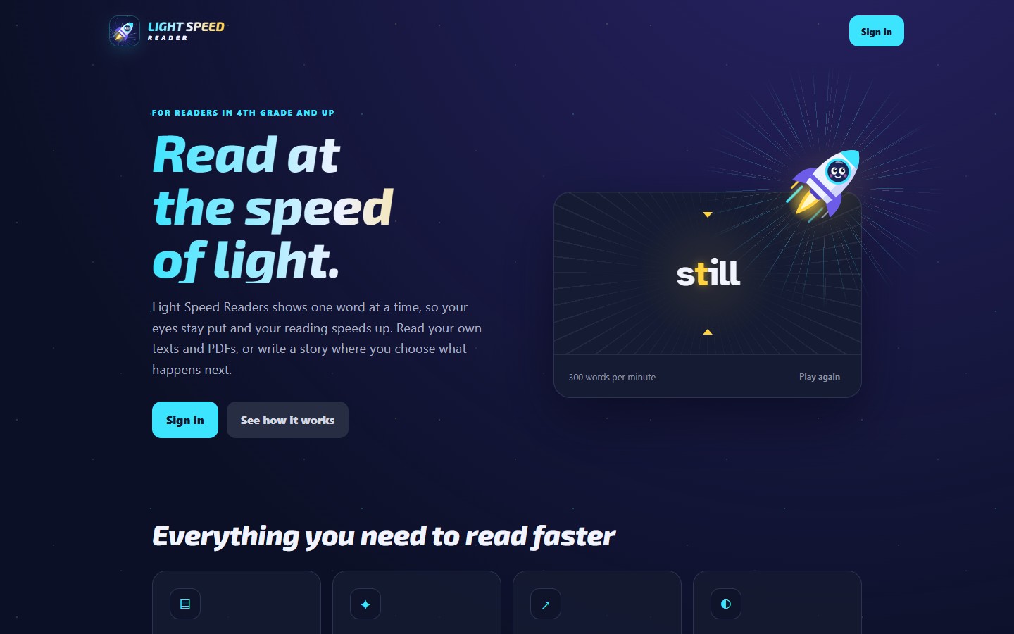 Light Speed Readers home page with the headline "Read at the speed of light" and a one-word reader demo