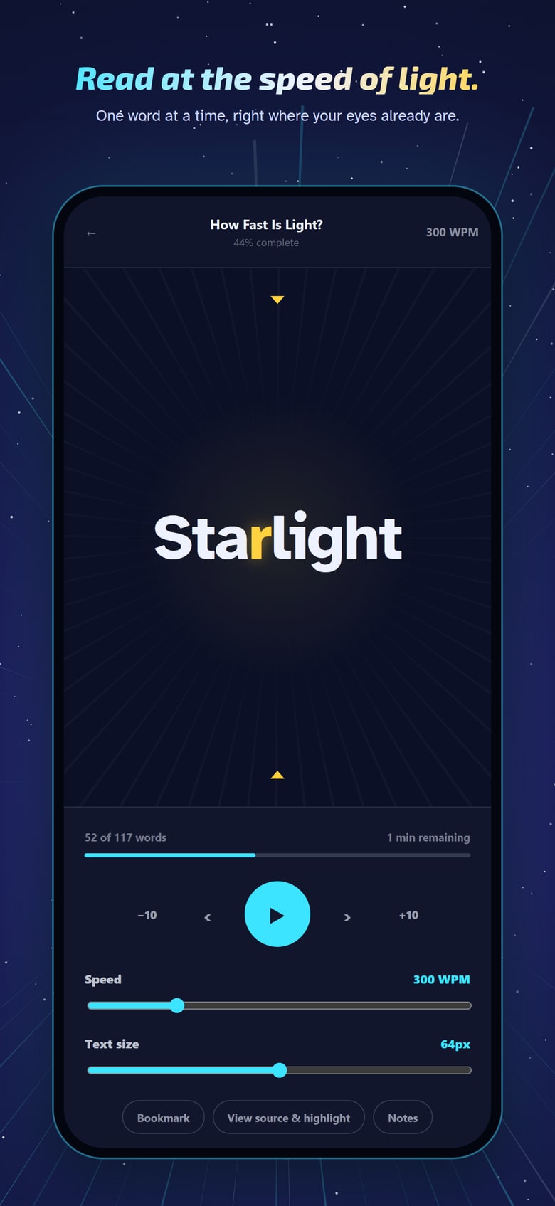 Light Speed Readers mobile app showing a reading session at 300 words per minute