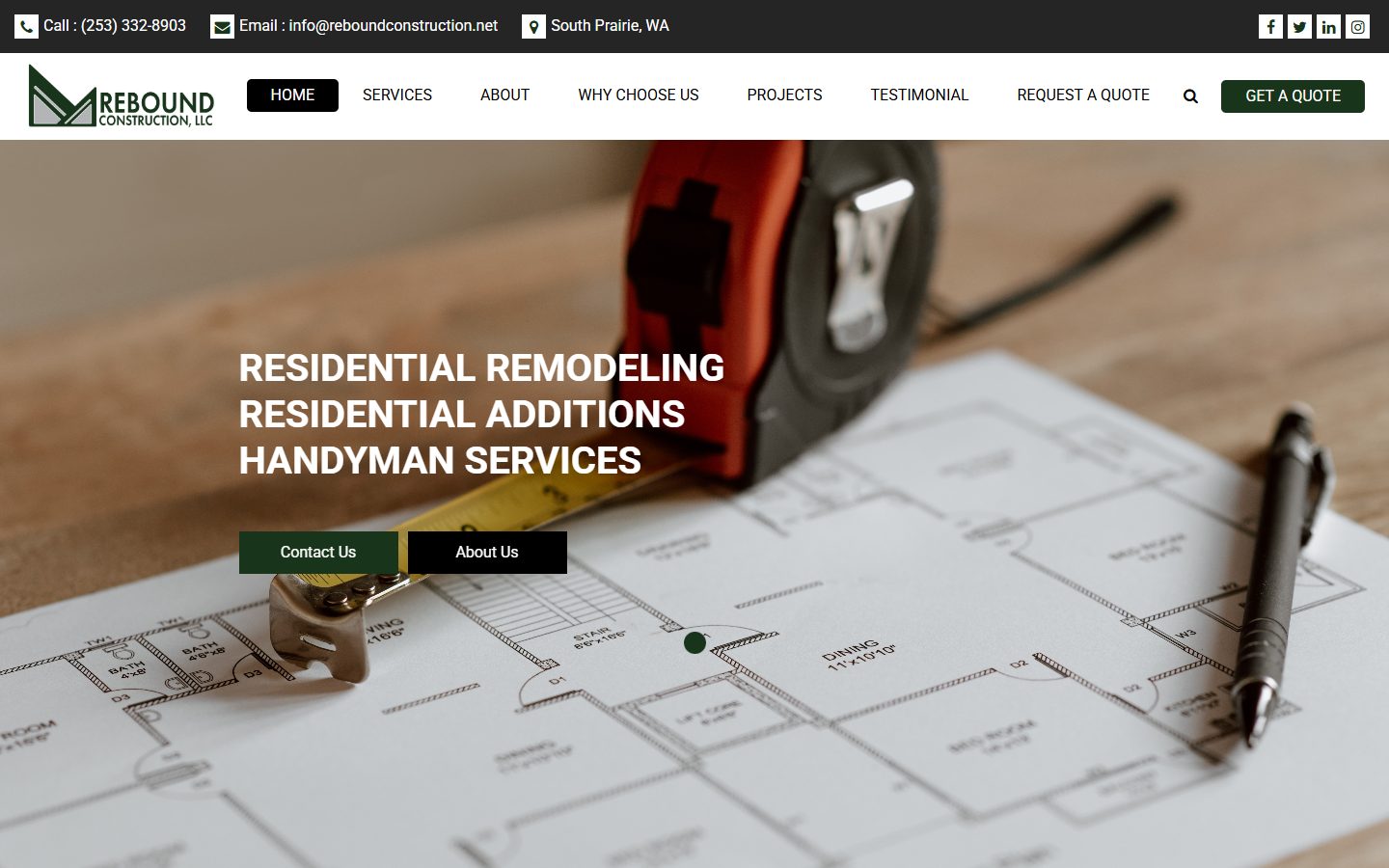 Rebound Construction home page listing residential remodeling, additions and handyman services